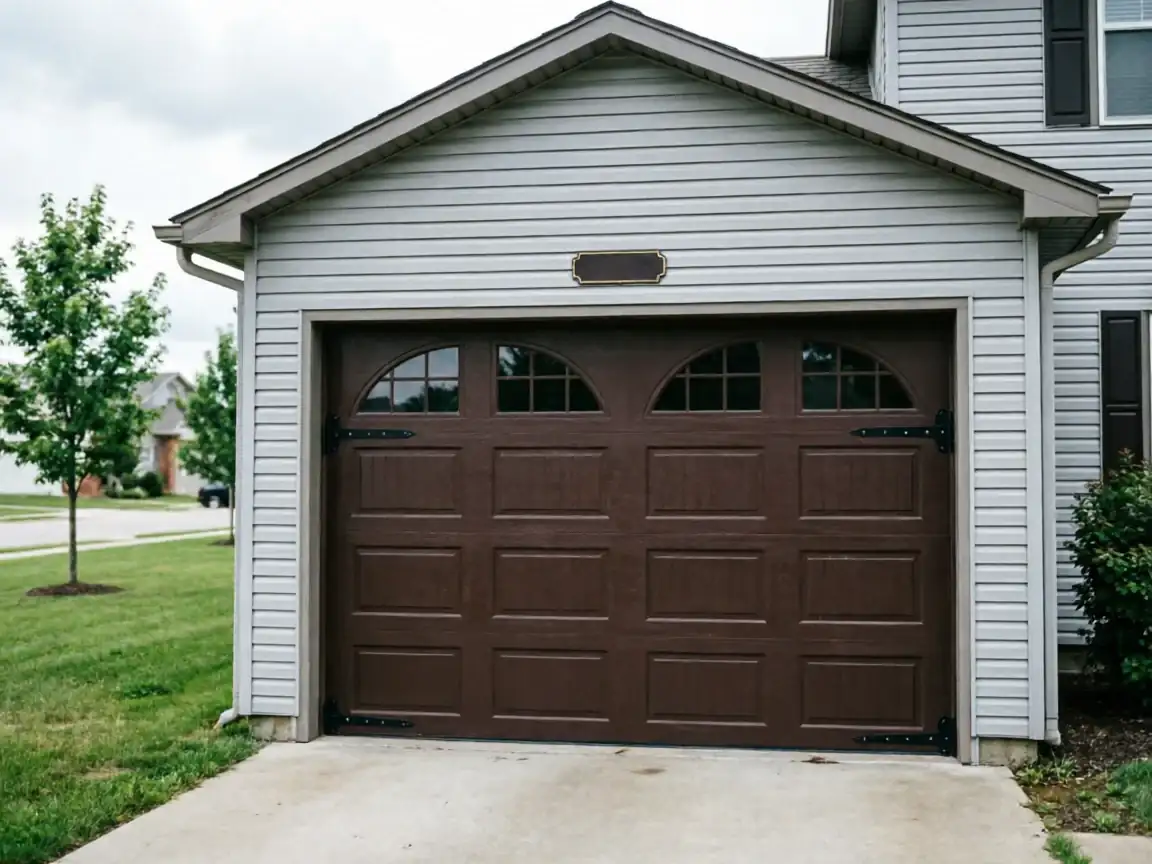 A brown garage door with decorative windows and hardware on a light gray house.
