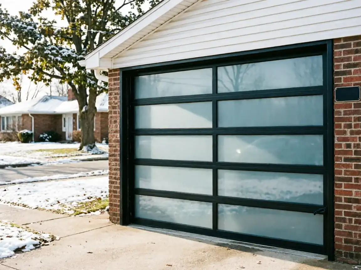A modern black garage door with frosted glass panels on a brick house.