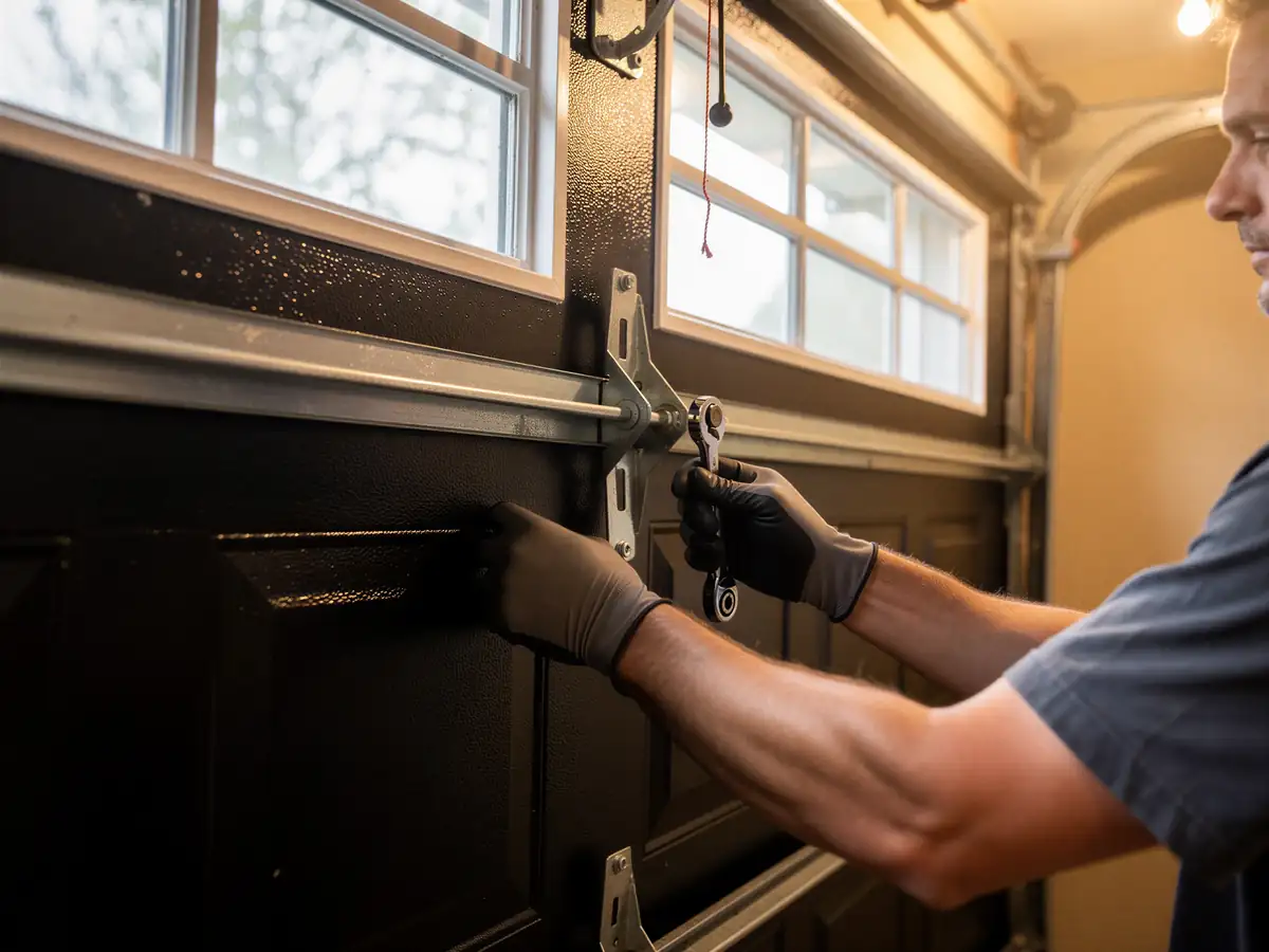A technician in gloves uses a wrench to repair a dark garage door.