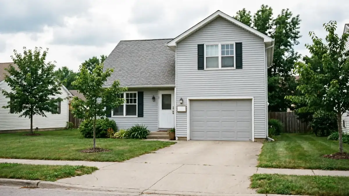 A light gray house with a gray garage door, green lawn, and trees.