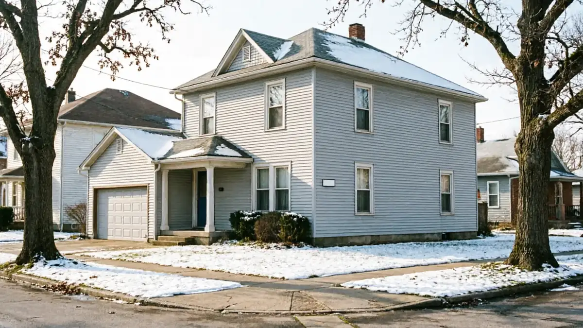 A light gray house with a white garage door and snow on the ground.