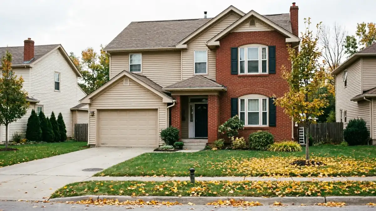 A two-story house with a beige garage door and red brick siding.