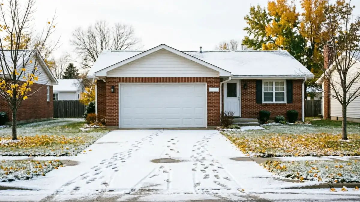 A brick house with a white garage door and a snow-covered driveway.